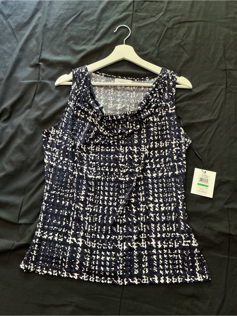 Calvin Klein Navy, Black and White Patterned Cowl Neck Sleeveless Blouse